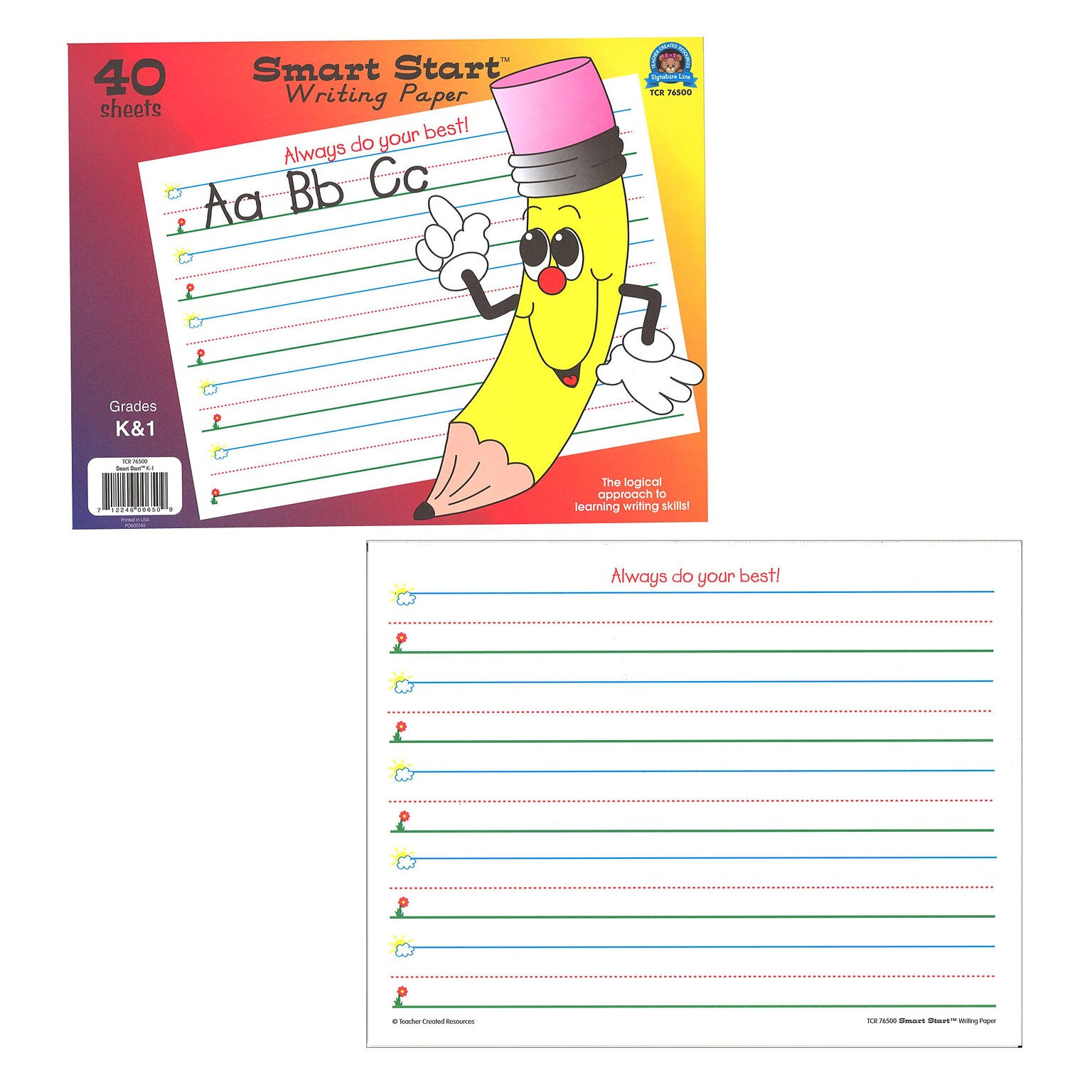 Teacher Created Resources® Smart Start K-1 Writing Tablet 8.5 x 11 Smart Start Writing Paper, White (TCR76500)