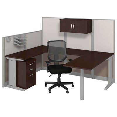 Bush Business Furniture Office in an Hour 89W x 65D U Shaped Cubicle Workstation w/ Storage and Chair, Mocha Cherry, Installed