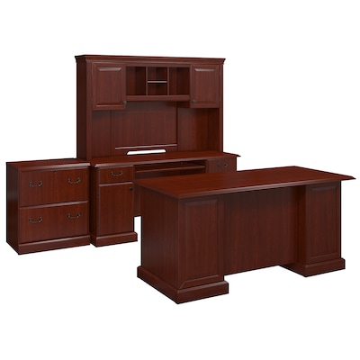 kathy ireland® Home by Bush Furniture Bennington Managers Desk, Credenza with Hutch and Lateral File, Harvest Cherry (BNT001CS)