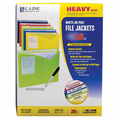 C-Line Write-On Poly File Jackets, 1" Expansion, Full Length Tab, Assorted Colors, Box of 25 (CLI63060)