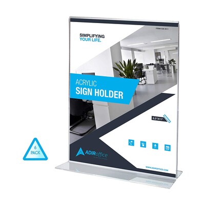 AdirOffice Sign Holder, 8.5" x 11", Clear Acrylic, 6/Pack (639-8511-6-TS)