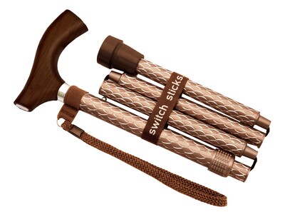 Switch Sticks Folding Walking Cane, Engraved Cognac