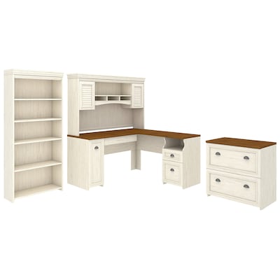 Bush Furniture Fairview L Shaped Desk with Hutch, Bookcase and Lateral File Cabinet, Antique White (FV006AW)