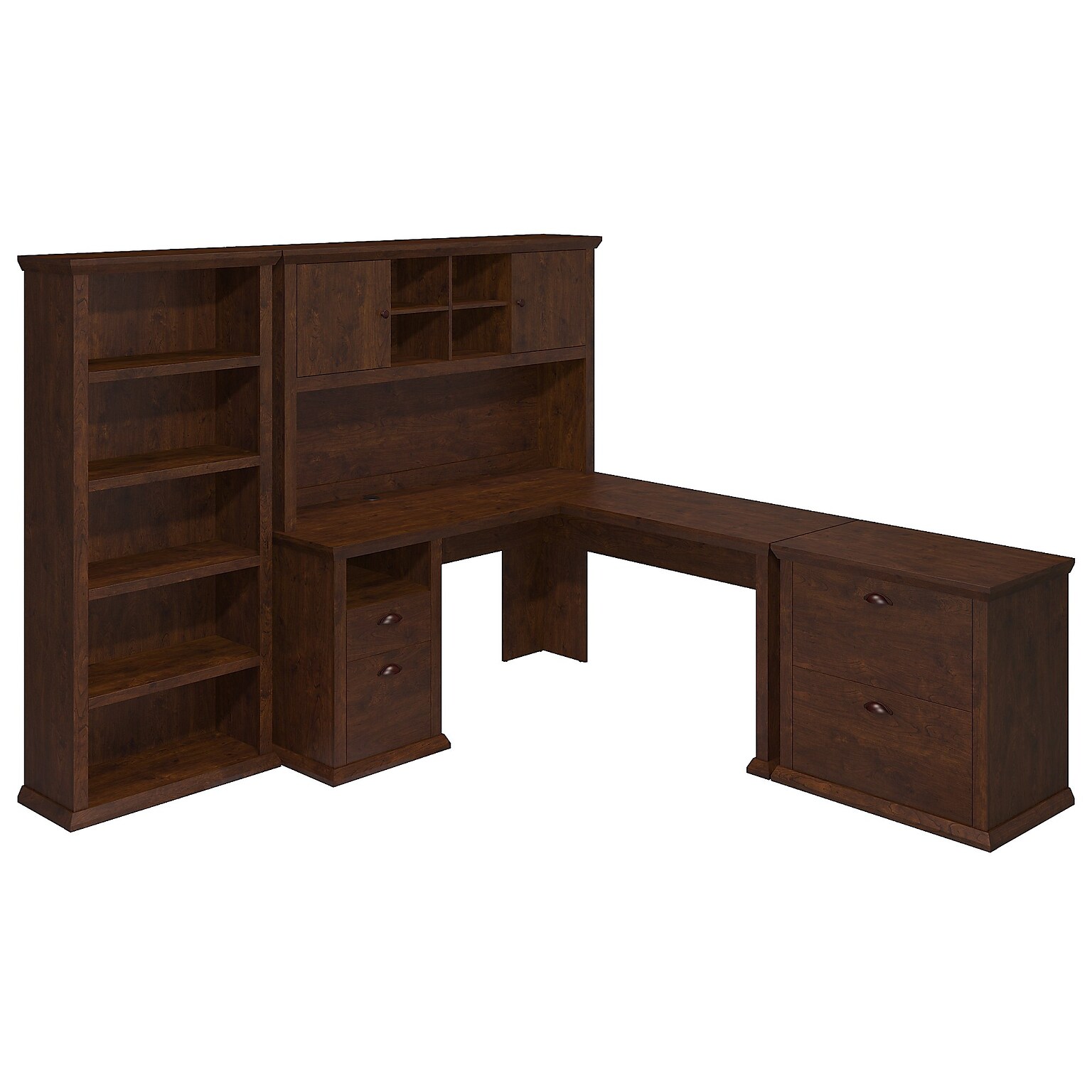 Bush Furniture Yorktown L Shaped Desk with Hutch, Lateral File Cabinet and Bookcase, Antique Cherry (YRK003ANC)
