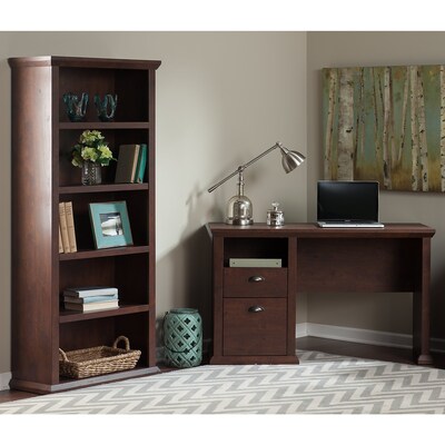 Bush Furniture Yorktown 50W Home Office Desk with 5 Shelf Bookcase, Antique Cherry (YRK010ANC)