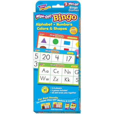 Trend Enterprises® Wipe-Off® Bingo Card, Alphabet, Numbers, Colors & Shapes, 3/Pack