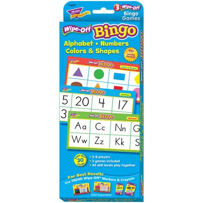 Trend Enterprises® Wipe-Off® Bingo Card, Alphabet, Numbers, Colors & Shapes, 3/Pack