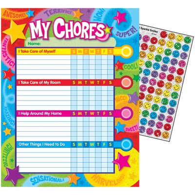 Trend Learning Praise Words 'n Stars 8.5" x 11" Chore Chart w/ Smiley Face Stickers, 25/Pack (T73130)