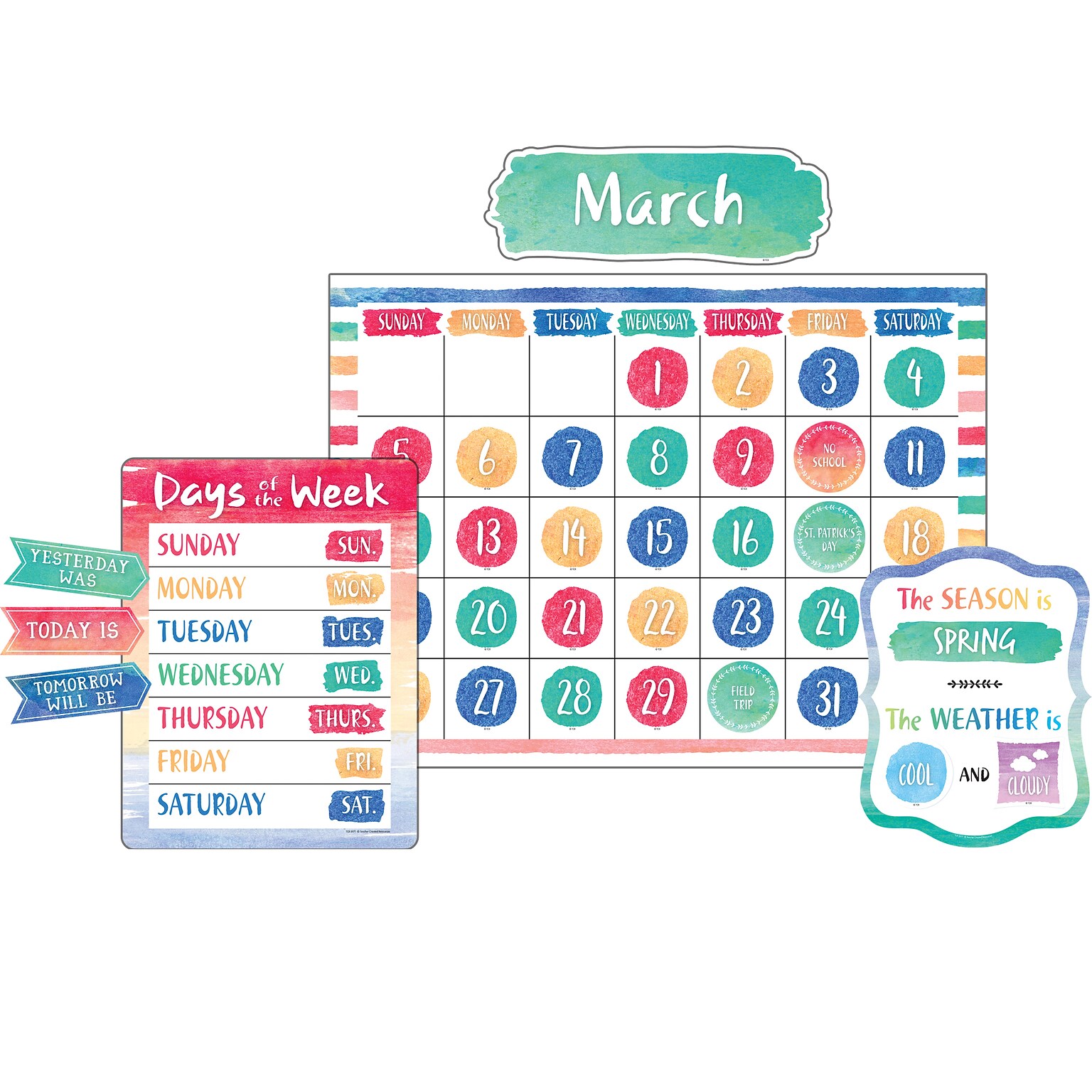 Teacher Created Resources® Watercolor Calendar Bulletin Board Set, 87 pieces (TCR8971)