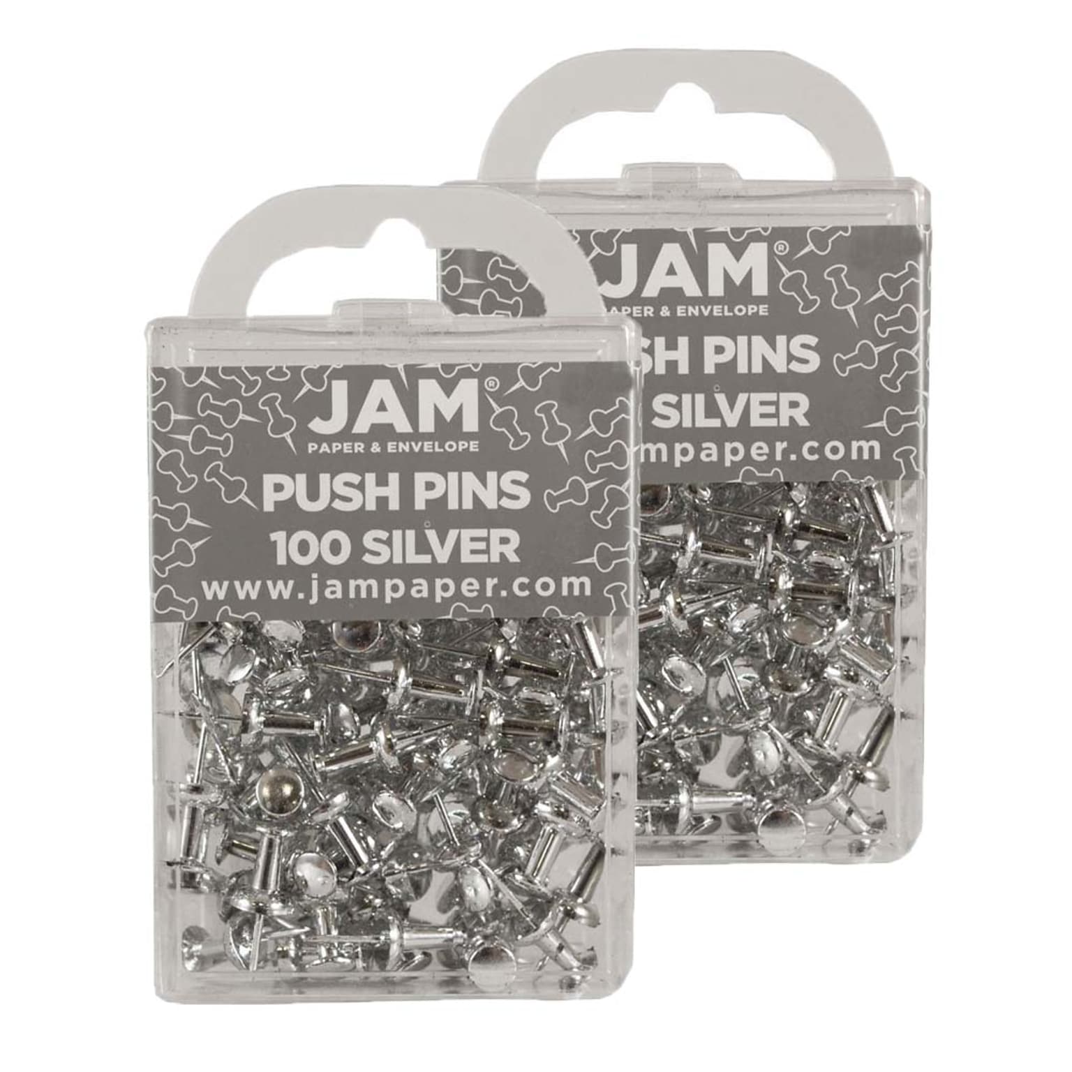 JAM Paper Push Pins, Silver, 2 Packs of 100 (222419054A)