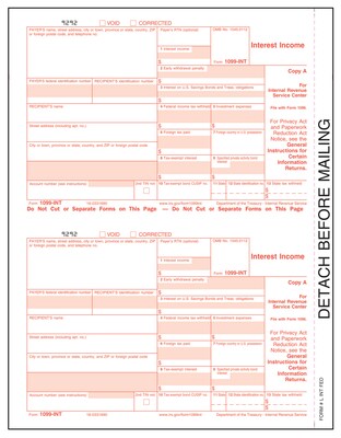 TOPS 1099INT Tax Form, 1 Part, Federal - Copy A, White, 8 1/2 x 11, 100 Forms/Pack