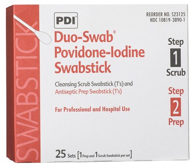 PDI® Duo-Swabs®, 1 PVP Iodine Scrub & 1 PVP Iodine Prep Swab in a Connected Packet, 2/Pack, 25/Box (S23125)