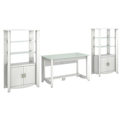 Bush Furniture Aero Writing Desk and Set of 2 Tall Library Storage Cabinets with Doors, Pure White (AER028WHT)