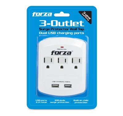 Forza Power Technologies 3-Outlet 2 USB Grounded Wall Tap, 1875W, White, (FWT-730USB)