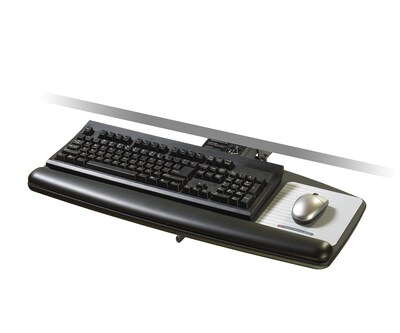 3M™ Keyboard Tray, Adjust Height and Tilt, Wood Platform with Gel Wrist Rest, Mouse Pad, 21.75 Track, Black (AKT70LE)