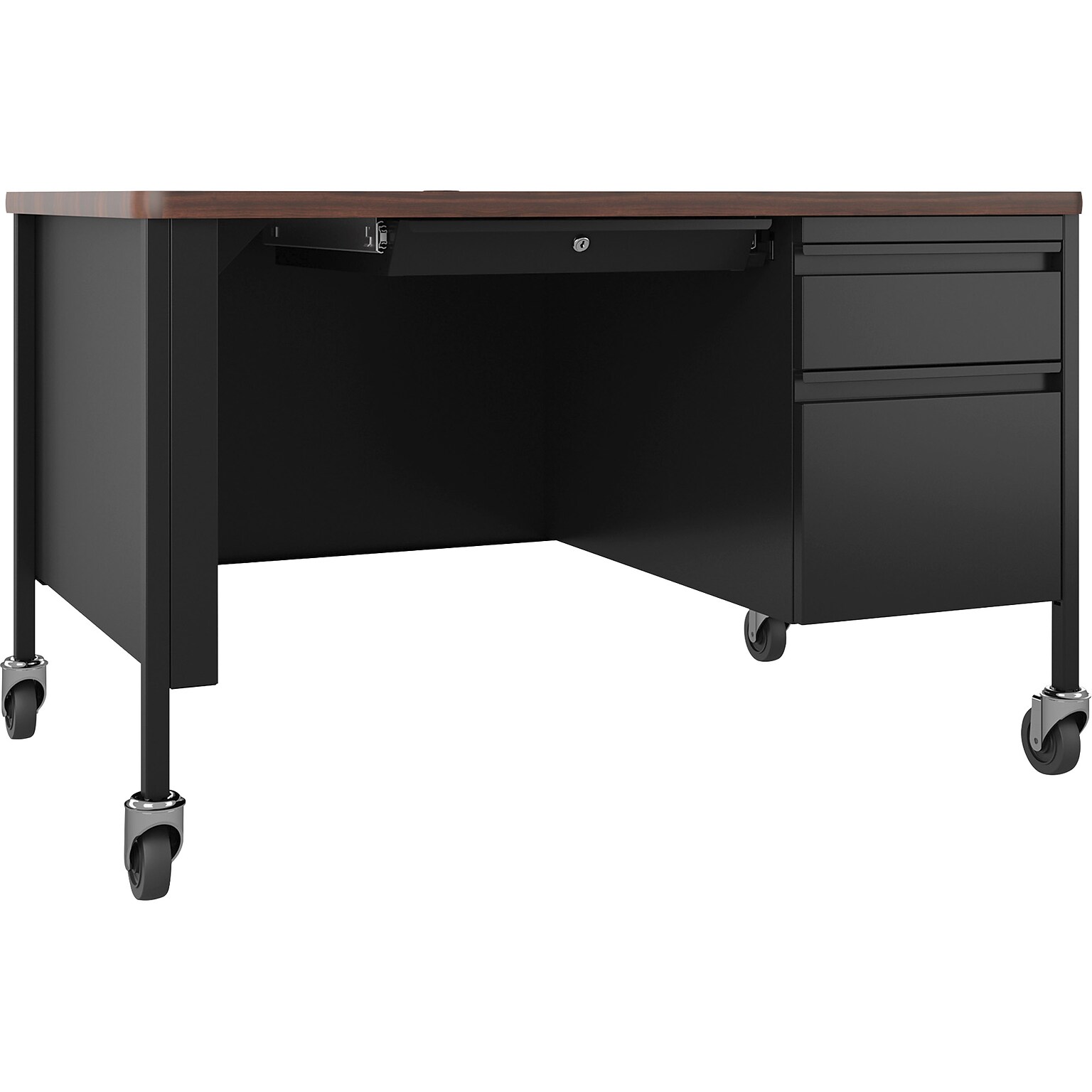 Lorell Fortress Series Mobile Right-Pedestal Teachers Desk, 48W x 30D x 29.5H, Walnut/Black (LLR66943)