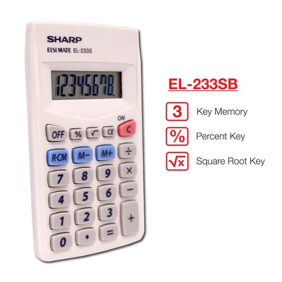 Sharp Elsi Mate EL-233SB 8-Digit Pocket Calculator, White