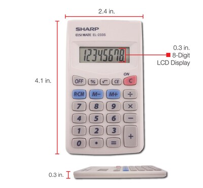 Sharp Elsi Mate EL-233SB 8-Digit Pocket Calculator, White