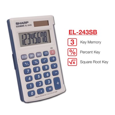 Sharp Elsi Mate EL-243SB 8-Digit Pocket Calculator, Gray/Blue