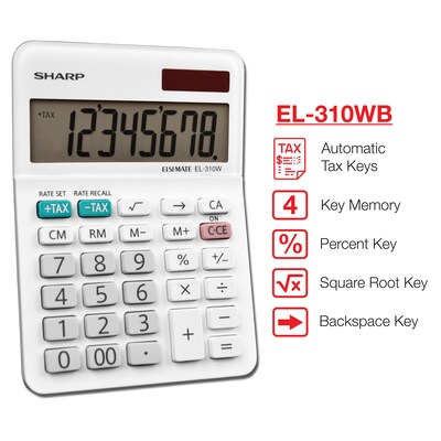 Sharp Elsi Mate EL-310WB 8-Digit Desktop Calculator, White