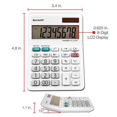 Sharp Elsi Mate EL-310WB 8-Digit Desktop Calculator, White