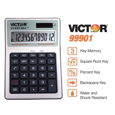 Victor TuffCalc 12-Digit Battery & Solar Desktop Calculator, White and Black (99901)