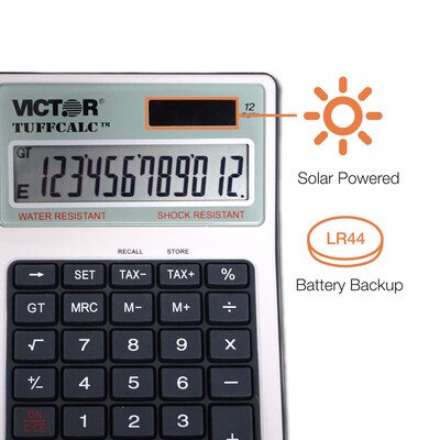 Victor TuffCalc 12-Digit Battery & Solar Desktop Calculator, White and Black (99901)