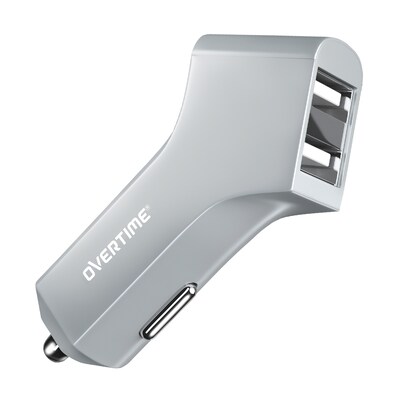 Overtime Dual USB 2.4 AMP Vehicle Charger, Metallic Silver (OTC2USB2ASL)