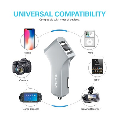 Overtime Dual USB 2.4 AMP Vehicle Charger, Metallic Silver (OTC2USB2ASL)