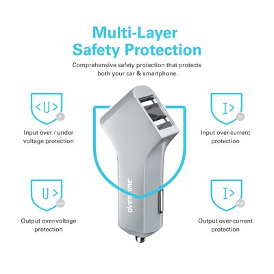 Overtime Dual USB 2.4 AMP Vehicle Charger, Metallic Silver (OTC2USB2ASL)
