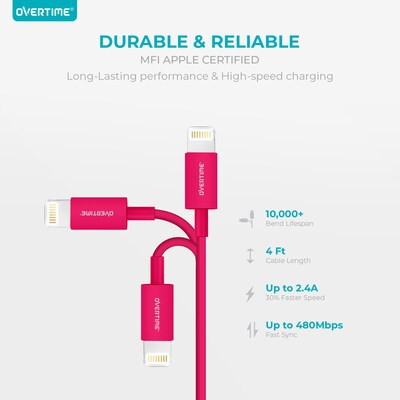 Overtime Lightning Charging Bundle for Apple Devices, Pink, 3/Pack (DAC3IN1PNK)
