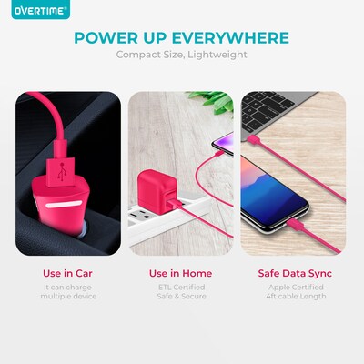 Overtime Lightning Charging Bundle for Apple Devices, Pink, 3/Pack (DAC3IN1PNK)