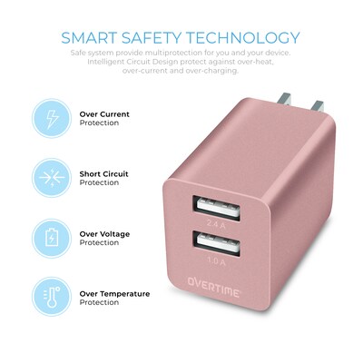 Overtime Dual USB 12W Travel Wall Charger, Metallic Rose Gold (OTH2USB2ARG)