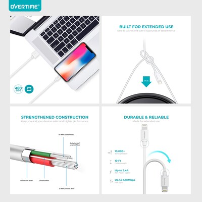 Overtime 10' Lightning to USB-A Cable for iPad/iPhone7/8/X/iPod, White (MFIWHITE10FT)