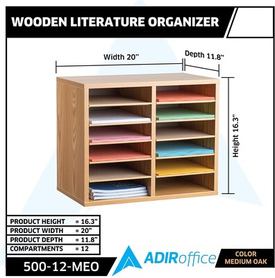 AdirOffice 12-Compartment Wood Literature Organizer, Medium Oak (500-12-MEO)