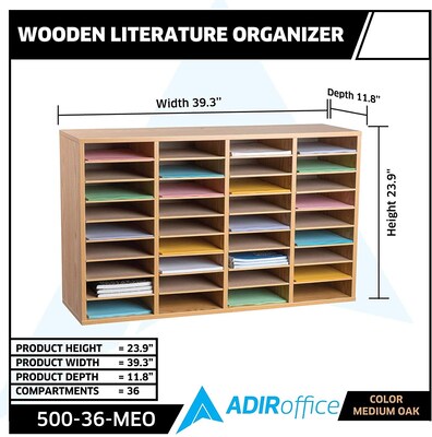 Adiroffice Wood Medium Oak Adjustable 36 Compartment Literature Organizer (500-36-MEO)