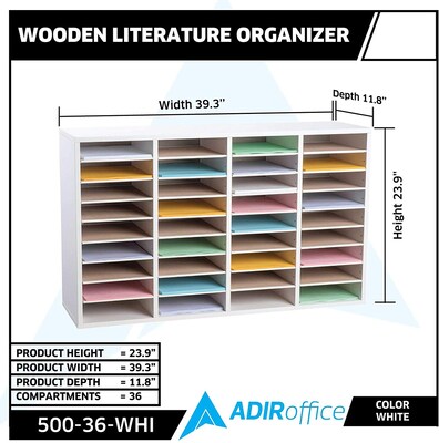 Adiroffice Wood White Adjustable 36 Compartment Literature Organizer (500-36-WHI)