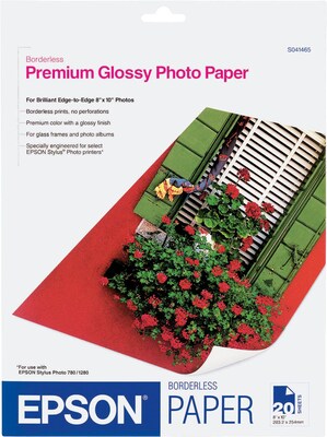 Epson Photo-Quality Inkjet Paper, Premium, Glossy, 68 lbs., 8" x 10", 20 Sheets/Pk