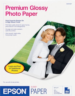 Epson Photo-Quality Inkjet Paper, Premium, Glossy, 68 lbs., 8 x 10, 20 Sheets/Pk