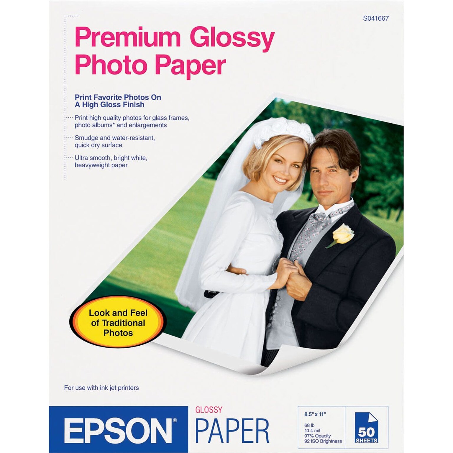 Epson Photo-Quality Inkjet Paper, Premium, Glossy, 68 lbs., 8 x 10, 20 Sheets/Pk