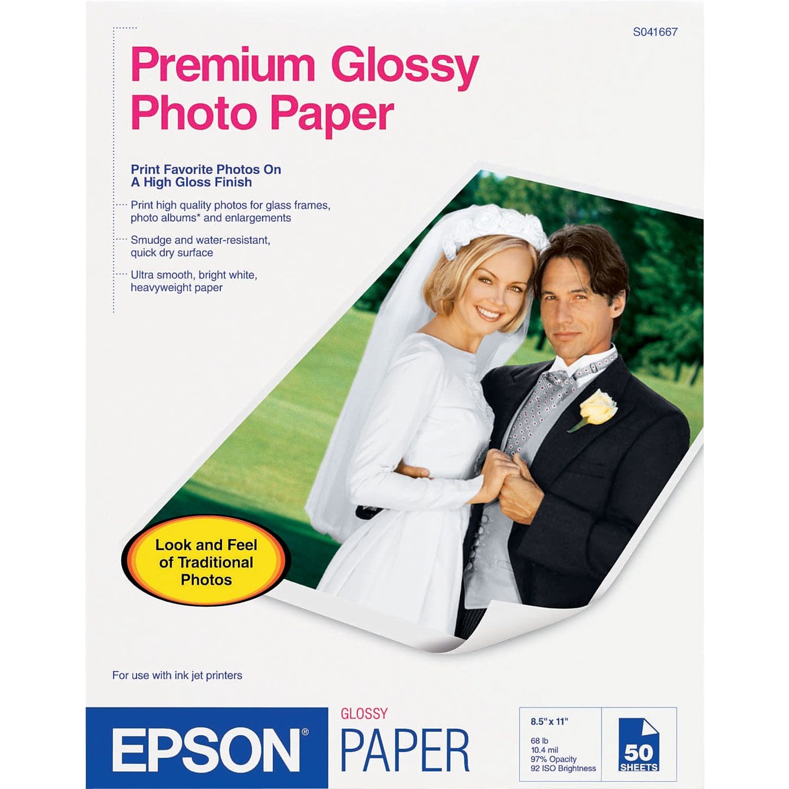 Epson Photo-Quality Inkjet Paper, Premium, Glossy, 68 lbs., 8 x 10, 20 Sheets/Pk