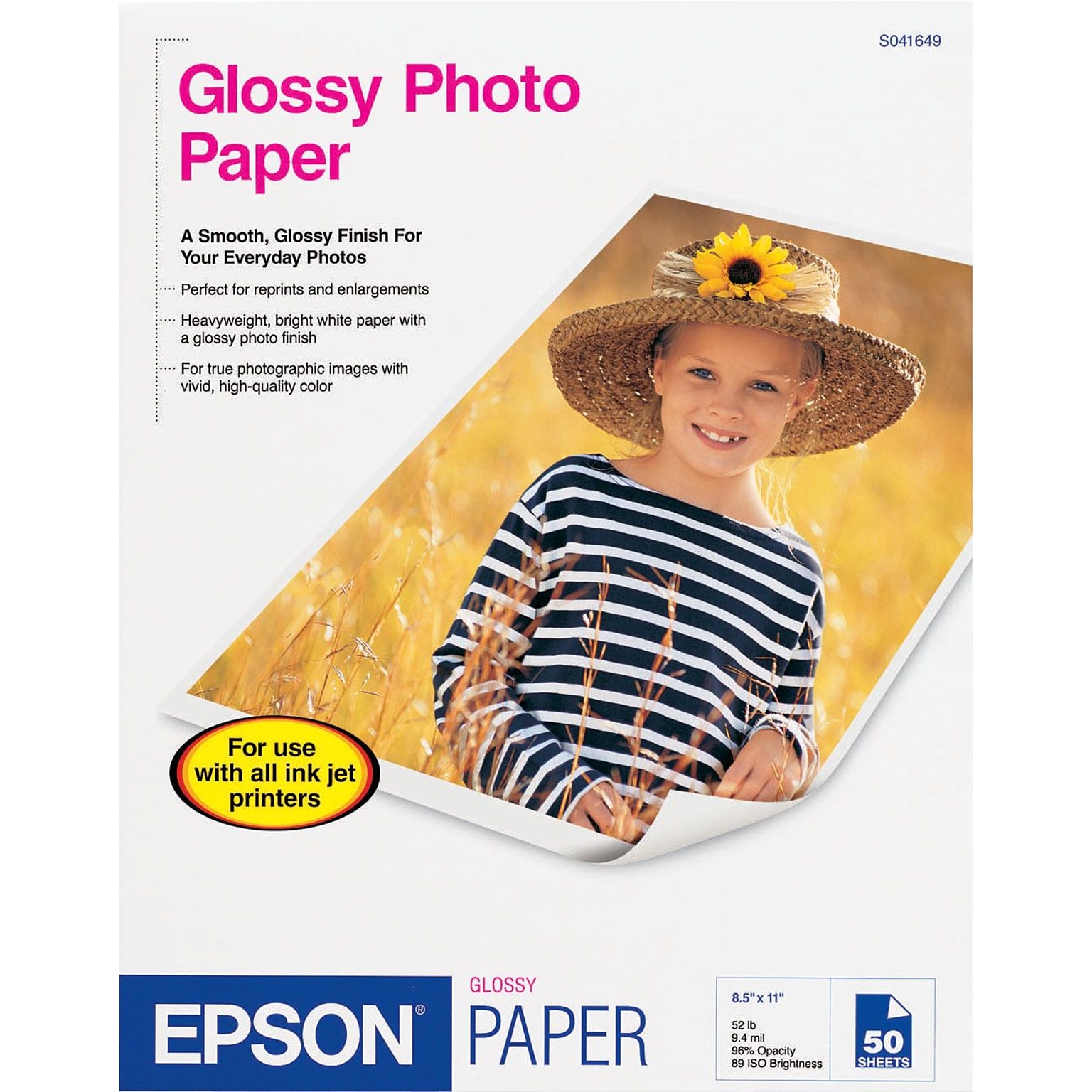 Epson Glossy Photo Paper, 8.5 x 11, 20 Sheets/Pack (S041141)