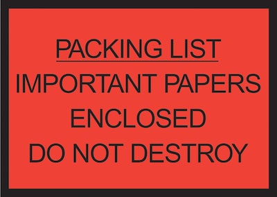 4-1/2 x 6, Red Full Face Packing List Enclosed, Packing Envelope, 1000/Case