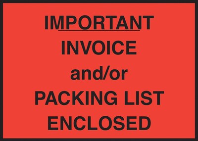 Packing List Envelope, 4-1/2 x 6, Red Full Face Important Invoice/Packing List Enclosed, 1000/Ca