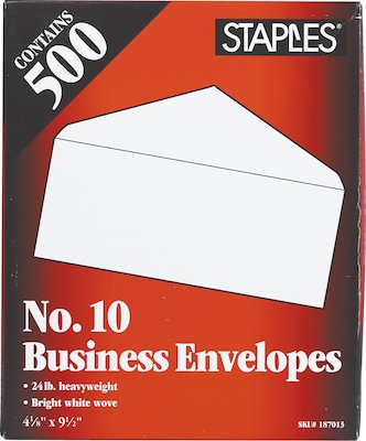 Staples® Gummed #10 Envelope; 4-1/8" x 9-1/2", White, 500/Box (187013NB)