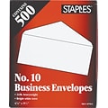 Staples® Gummed #10 Envelope; 4-1/8 x 9-1/2, White, 500/Box (187013NB)