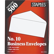 Staples® Gummed #10 Envelope; 4-1/8 x 9-1/2, White, 500/Box (187013NB)