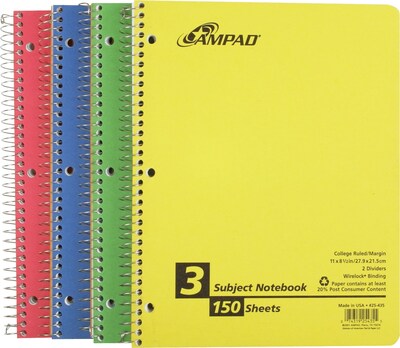 Oxford Earthwise Recycled 3-Subject Notebook, 8 1/2" x 11", College Ruled, 150 Sheets, Assorted Colors (25-435)