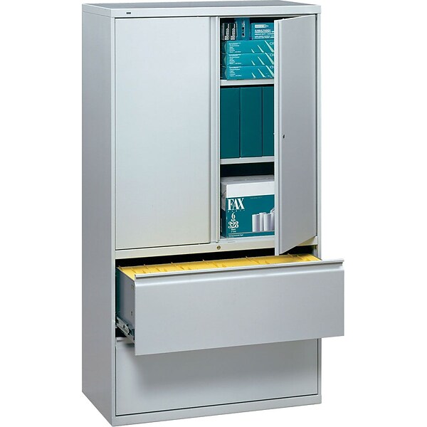 HON® 700 Series 2 Drawer Lateral File Cabinet w/Roll-Out & Posting Shelves, Light Grey, Letter/Legal, 36W (HON785LSQ)