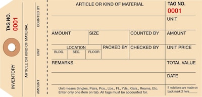 1 Part Stub Style Numbered Inventory Tags: 0-999, 1000/Case